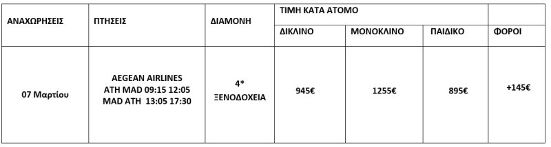 τιμοκατάλογος ΜΑΔΡΙΤΗ & ΑΝΔΑΛΟΥΣΙΑ - 8 ΗΜΕΡΕΣ - ΜΑΡΤΙΟΣ 2026 
