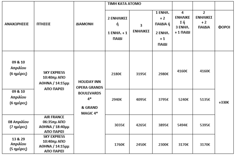 τιμοκατάλογος ΠΑΣΧΑ & ΠΡΩΤΟΜΑΓΙΑ ΣΕ ΠΑΡΙΣΙ & DISNEYLAND - 5-7 ΗΜΕΡΕΣ 