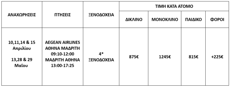 τιμοκατάλογος ΠΑΣΧΑ ΣΤΗΝ ΜΑΔΡΙΤΗ - 5 ΗΜΕΡΕΣ 