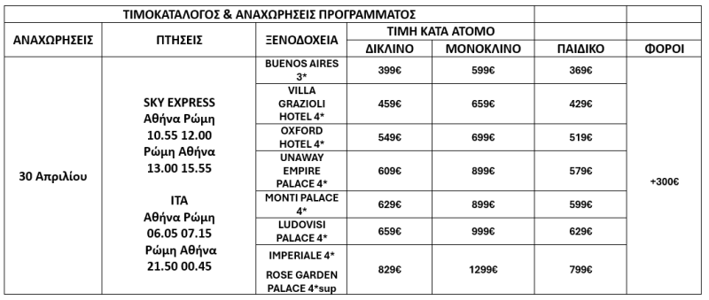 pricelist MAY 1ST IN ROME - 4 DAYS 