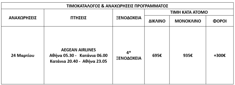 pricelist MARCH 25TH IN SICILY - 6 DAYS 