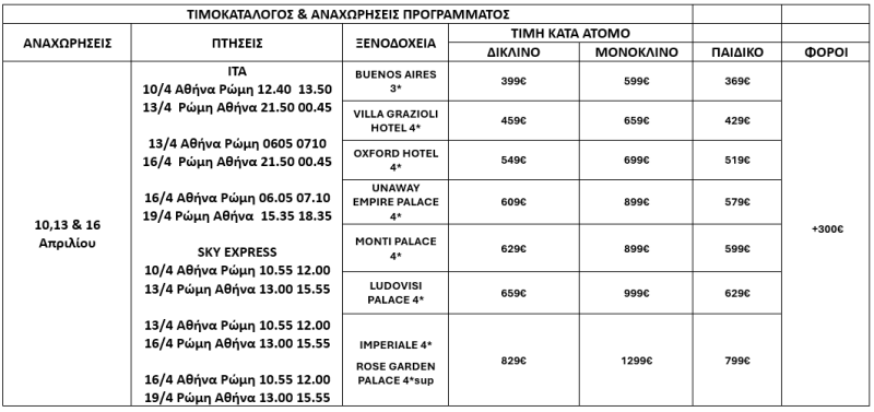 τιμοκατάλογος ΠΑΣΧΑ ΣΤΗ ΡΩΜΗ - 4 ΗΜΕΡΕΣ 